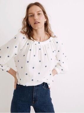 Madewell White Floral Embroidered Peasant Blouse